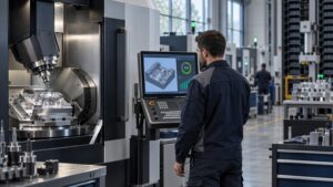Operatore davanti a un centro di lavoro CNC a 5 assi interconnesso, con il modello 3D dello stampo e i dati di produzione sul monitor