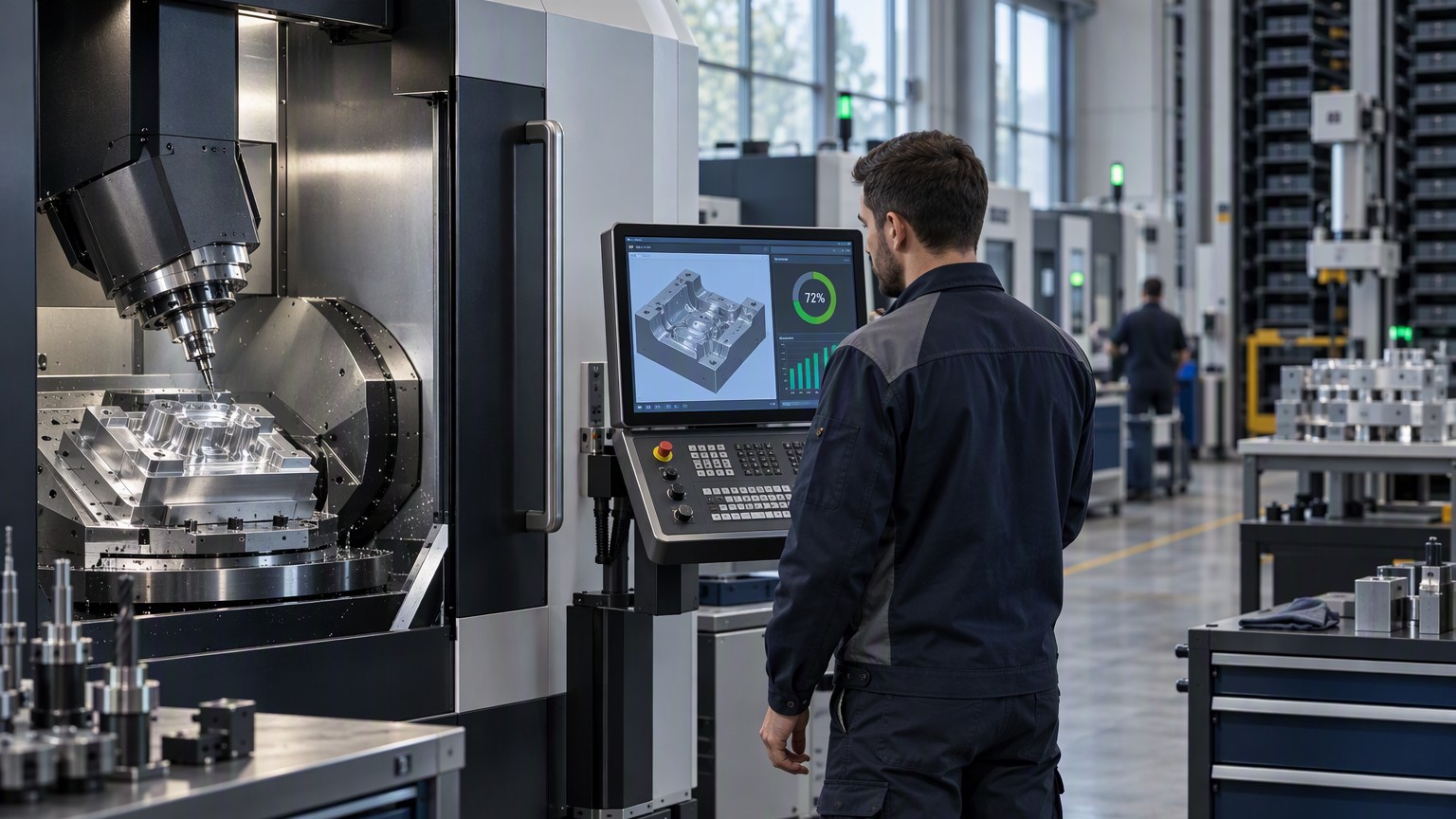 Operatore davanti a un centro di lavoro CNC a 5 assi interconnesso, con il modello 3D dello stampo e i dati di produzione sul monitor
