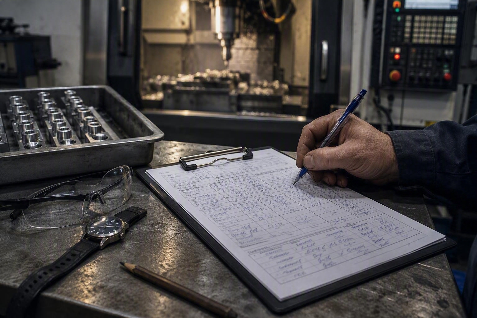 Foglio di fine turno compilato a mano accanto a un centro di lavoro: la raccolta manuale dei dati di produzione arriva in ritardo e approssimato