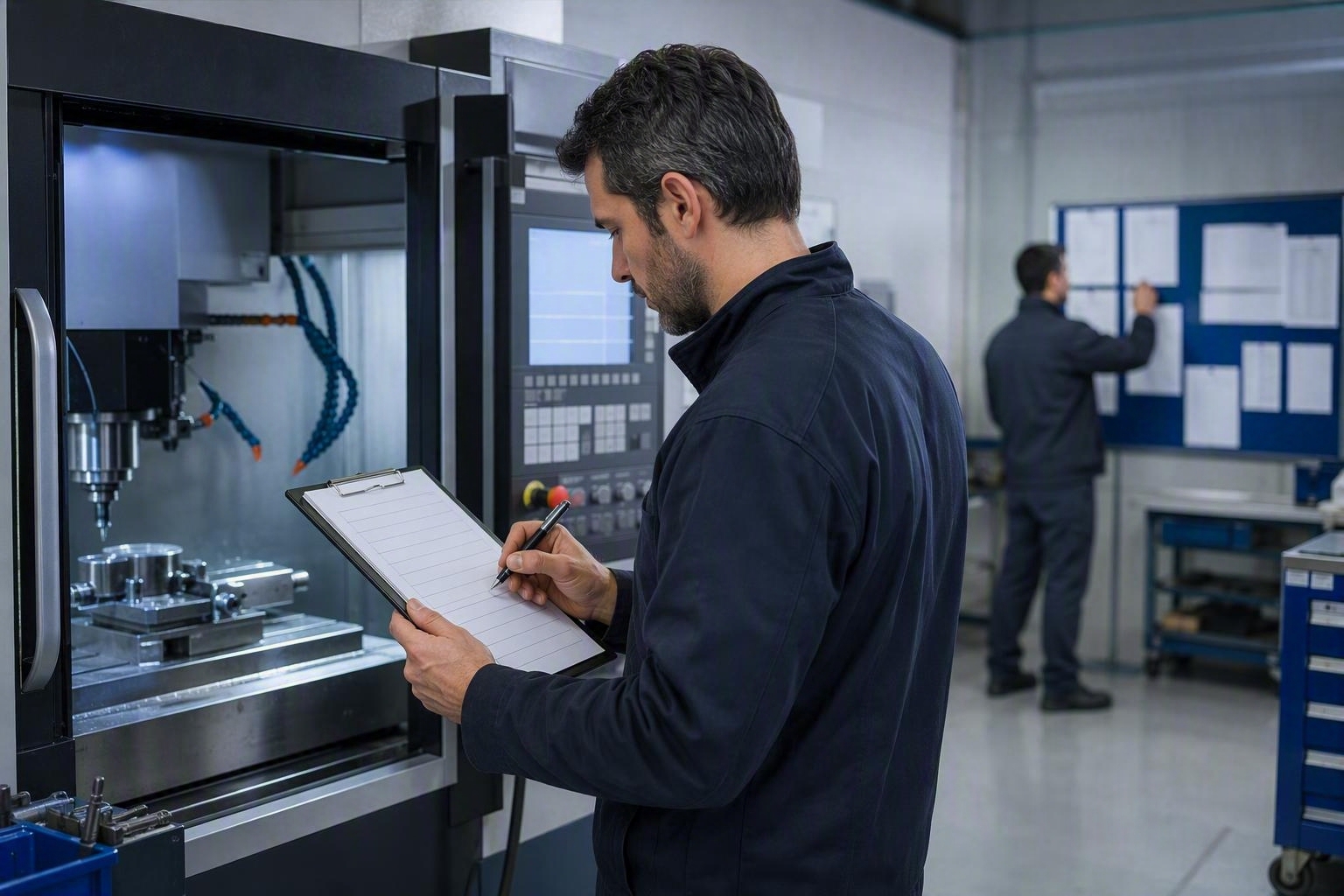 Operatore compila a mano i dati di produzione su carta accanto a un centro di lavoro CNC