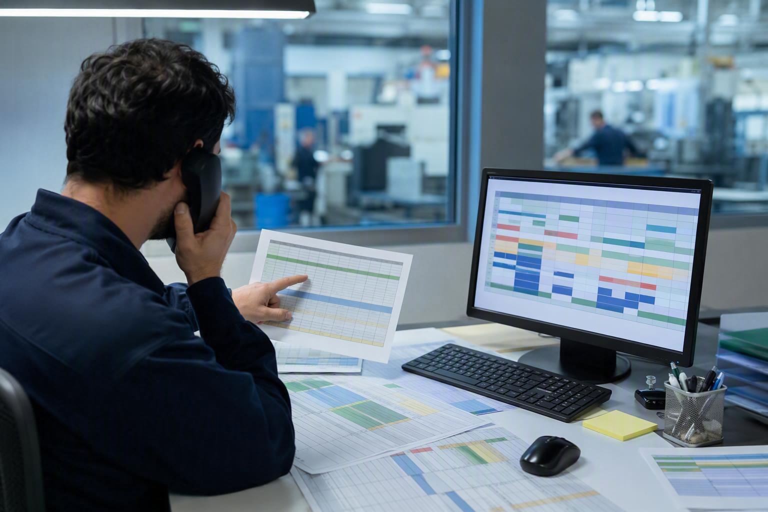 Addetto alla produzione ricostruisce l'avanzamento al telefono tra stampe e fogli di calcolo